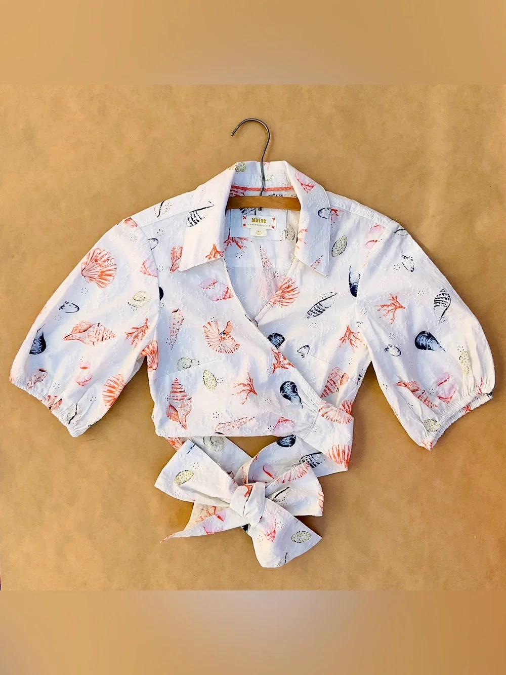 Anthro β Maeve Puff Sleeve Cotton Eyelet Wrap Crop Top White Seashell XS Petite - Picture 6 of 16